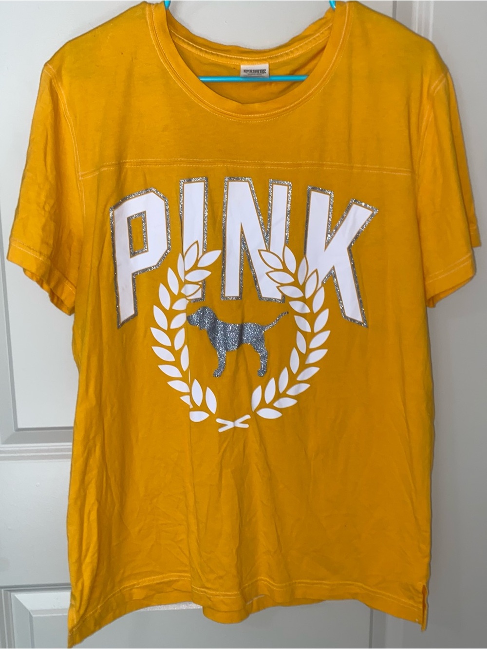 PINK Victoria's Secret Gold Yellow Logo Tee with Silver Glitter Dog